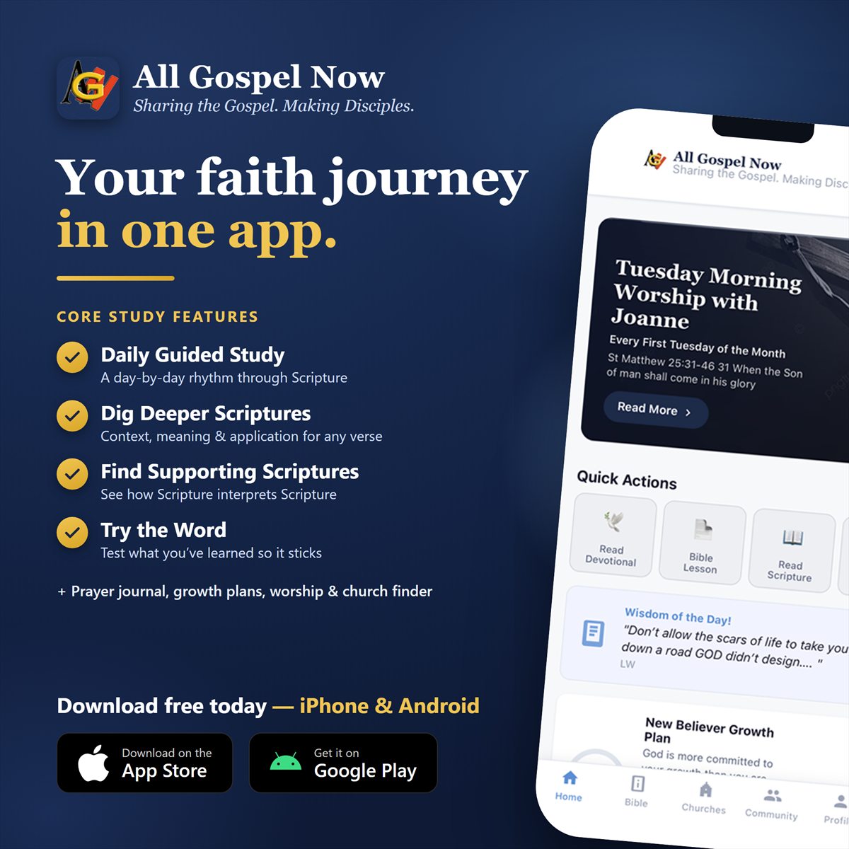 All Gospel Now app on a phone beside its core study features: Daily Guided Study, Dig Deeper Scriptures, Find Supporting Scriptures, and Try the Word